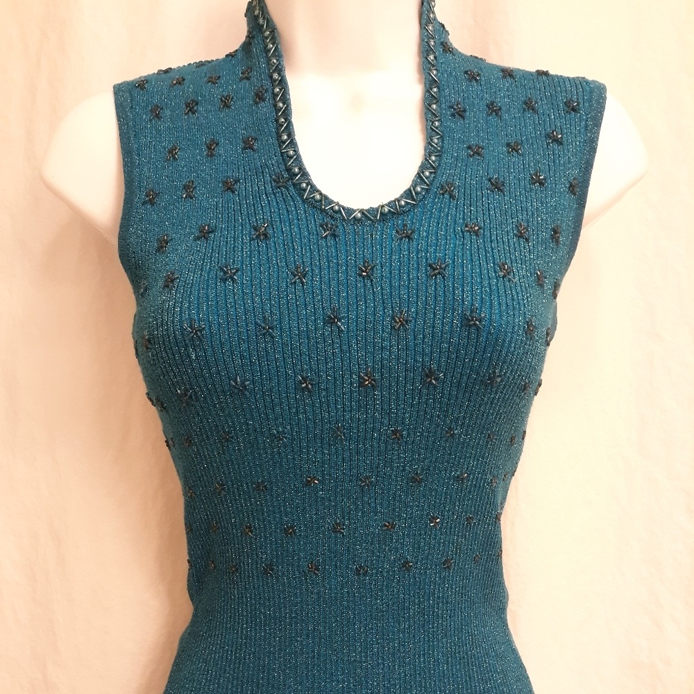 SOLD Cache teal sleeveless beaded sweater size XS